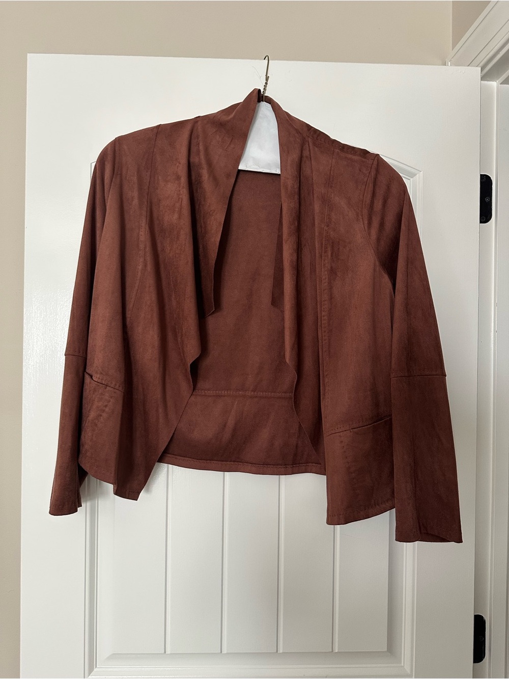 Max Studio Brown Suede-Look Draped Open-Front Jacket